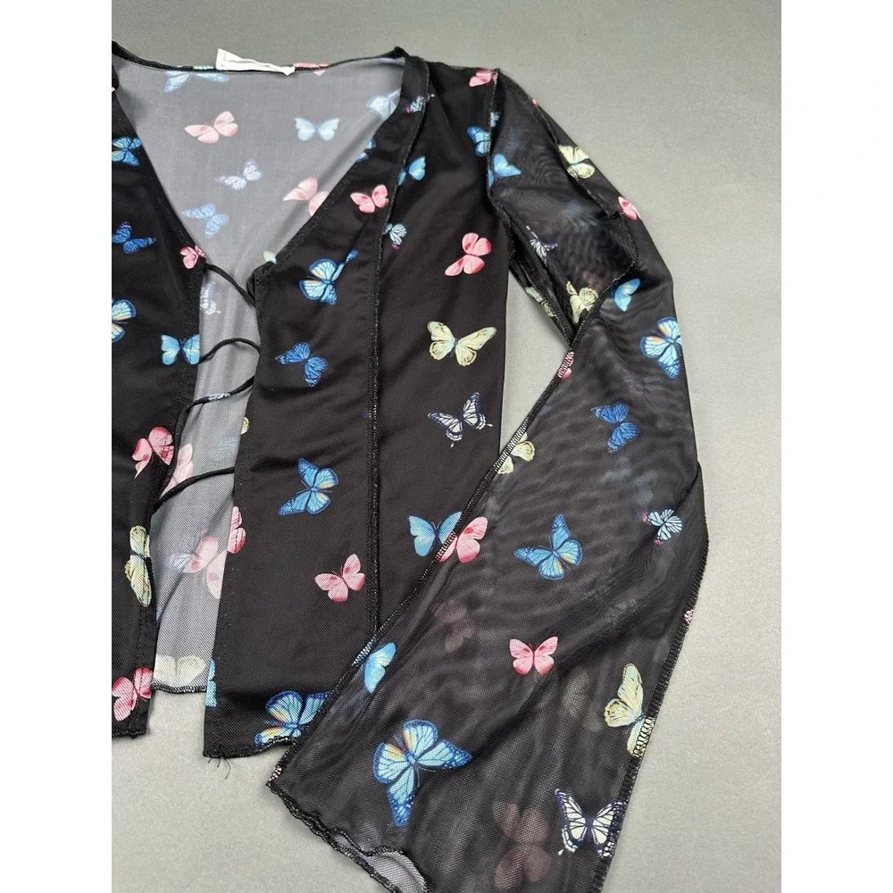 Elodie Butterfly Mesh Cardigan Women Large Black Tie Front Split Bell Sleeve Y2K